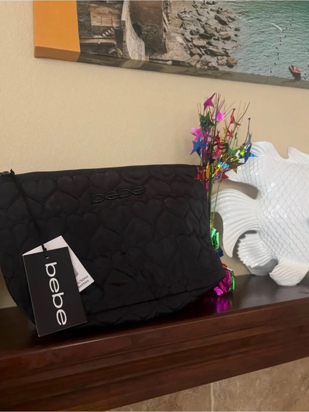 bebe Black Quilted Heart Cosmetic Bag